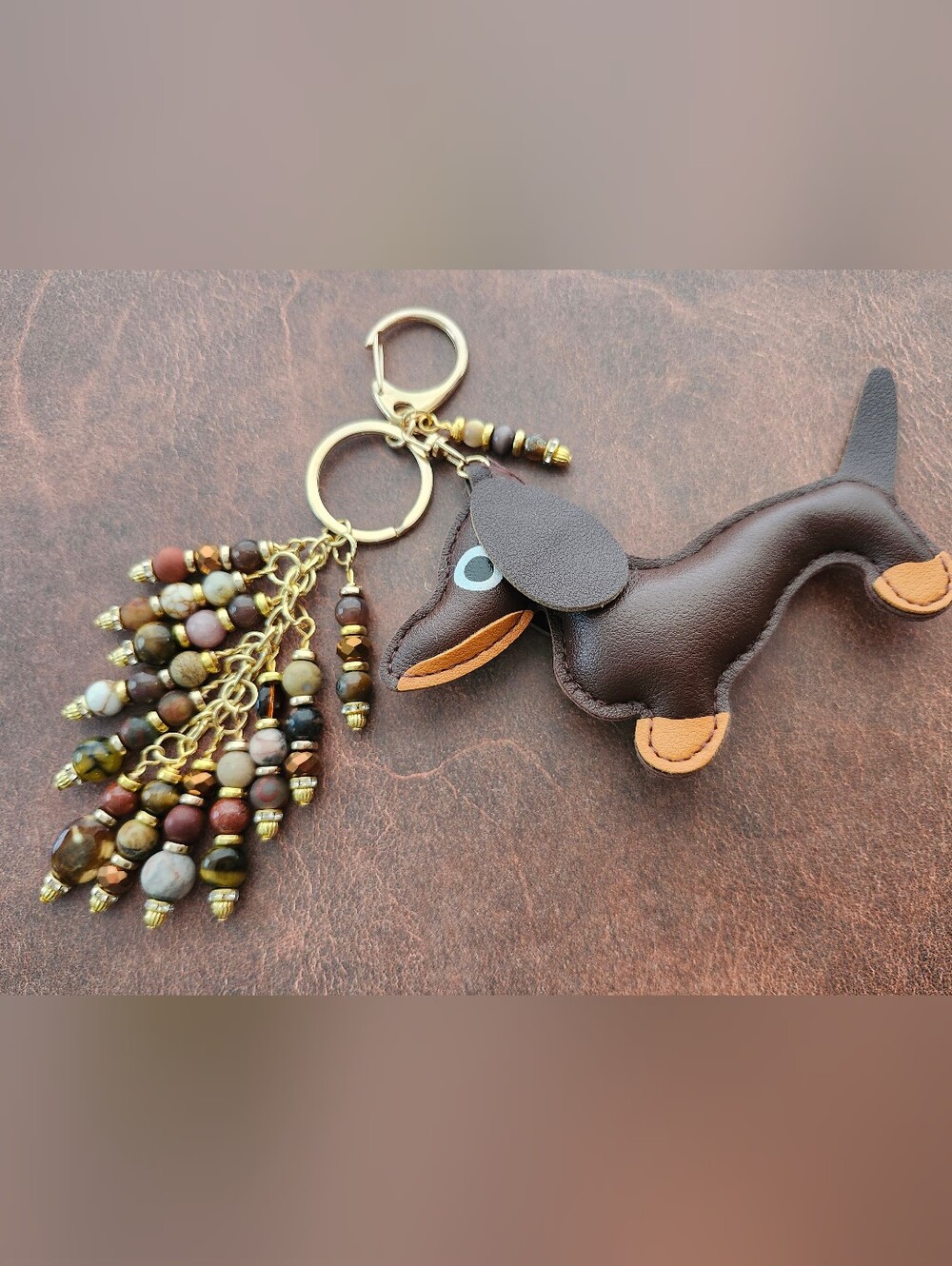 Dachshund Purse Charm Faux Leather Over-sized Cats Eye Agate Jasper Handcrafted